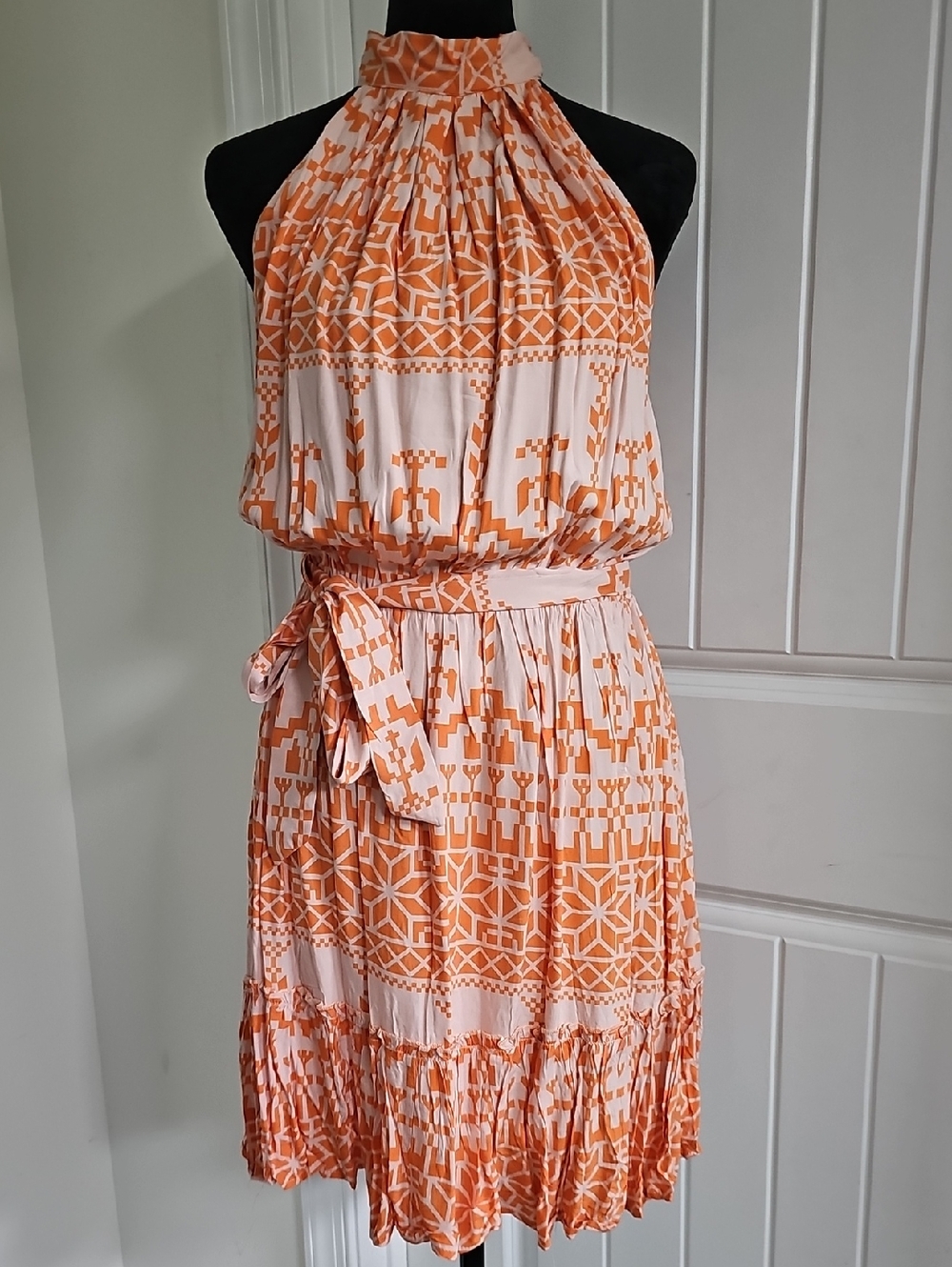 BTFBM Boho Halter Tiered Dress in Coral & Peachy Cream, Small
